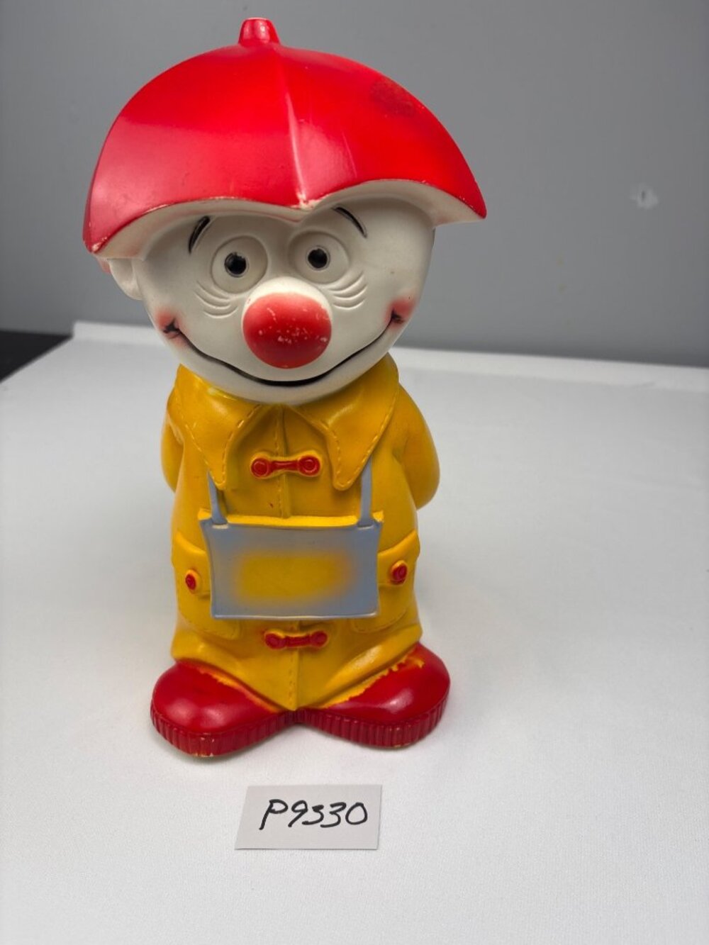 1971 Play Pal Plastics "For A Rainy Day" Clown Coin Bank 12" Red/Yellow Collecti - Picture 11 of 14